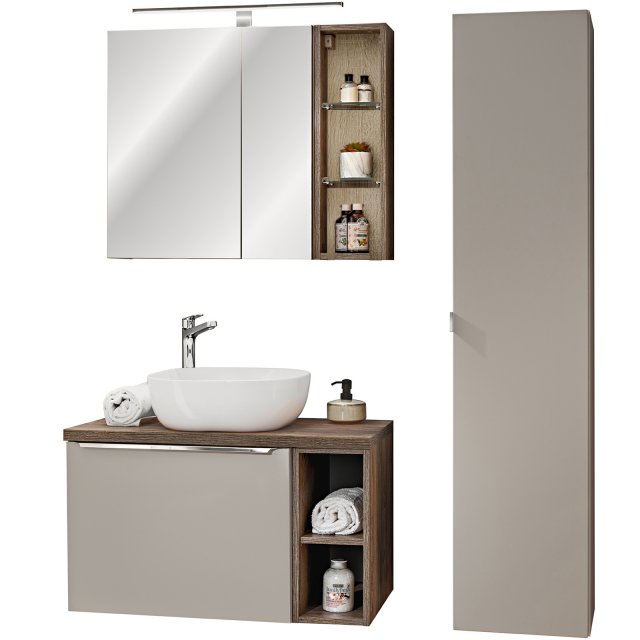 COMAD Zestaw mebli SANTA FE TAUPE 4 szafki, blat OAK 80 cm, umywalka