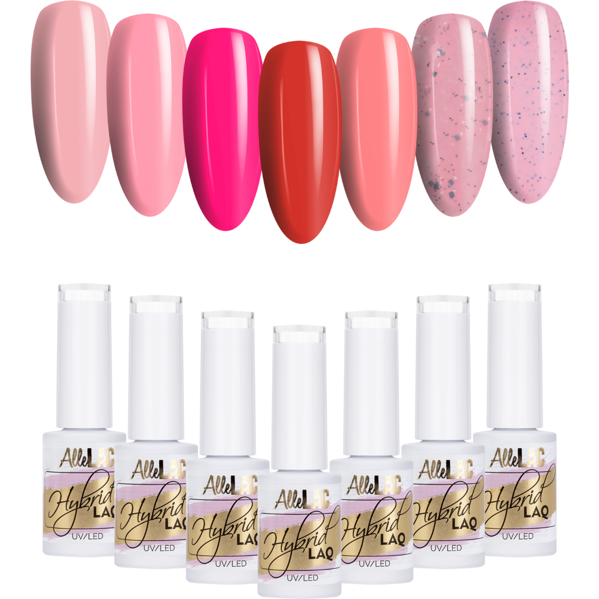 7x Lakier Hybrydowy ALLELAC 5g Różowe Czerwone ZESTAW 7w1 Mix