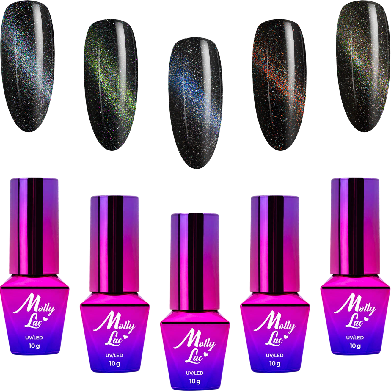 5x Lakier Hybrydowy MOLLYLAC 10g Flashing Magic Cat Eye ZESTAW Karnawałowy