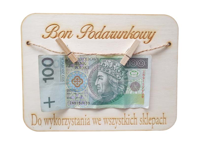 Drewniana kartka na prezent, pieniądze- Bon Podarunkowy, grawer