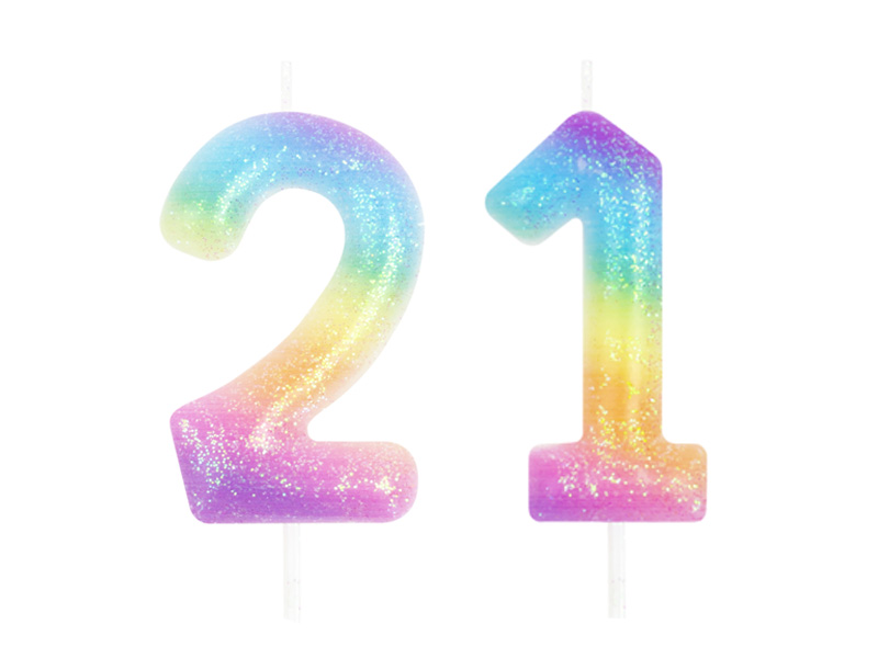 Świeczka urodzinowa na tort Cyfra 21, tęczowa z brokatem, 10 cm