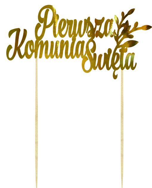Topper napis lustrzany na tort dekoracja na Pierwszą Komunię Świętą z gałąkami złoty pik