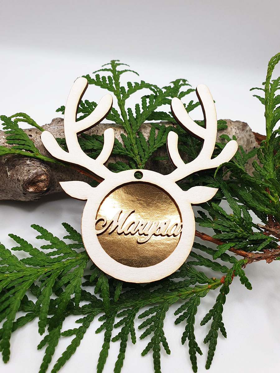 Bombka Imię - renifer na choinkę, Baza do makramy, Zakładka do książki, Złota zawieszka z Logiem Firmowym, ozdoba świąteczna prezent