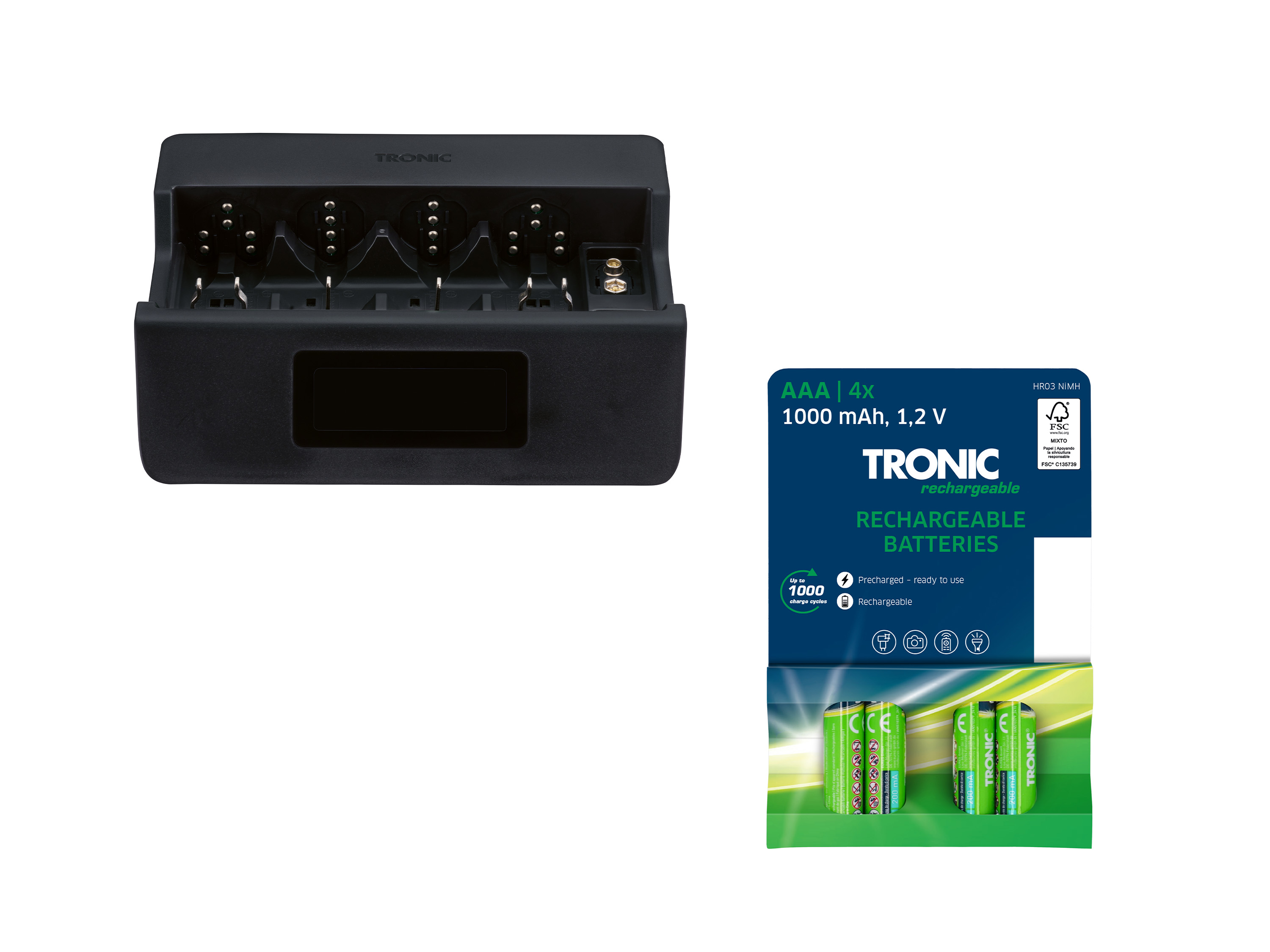 Tronic Zestaw Ładowarka sieciowa z szybkim ładowaniem i wyświetlaczem z 4 akumulatorkami AAA