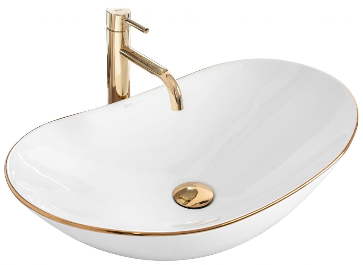 Darmowa Dostawa - Umywalka 62x36 cm owalna nablatowa biała-złota Rea Royal REAU8570