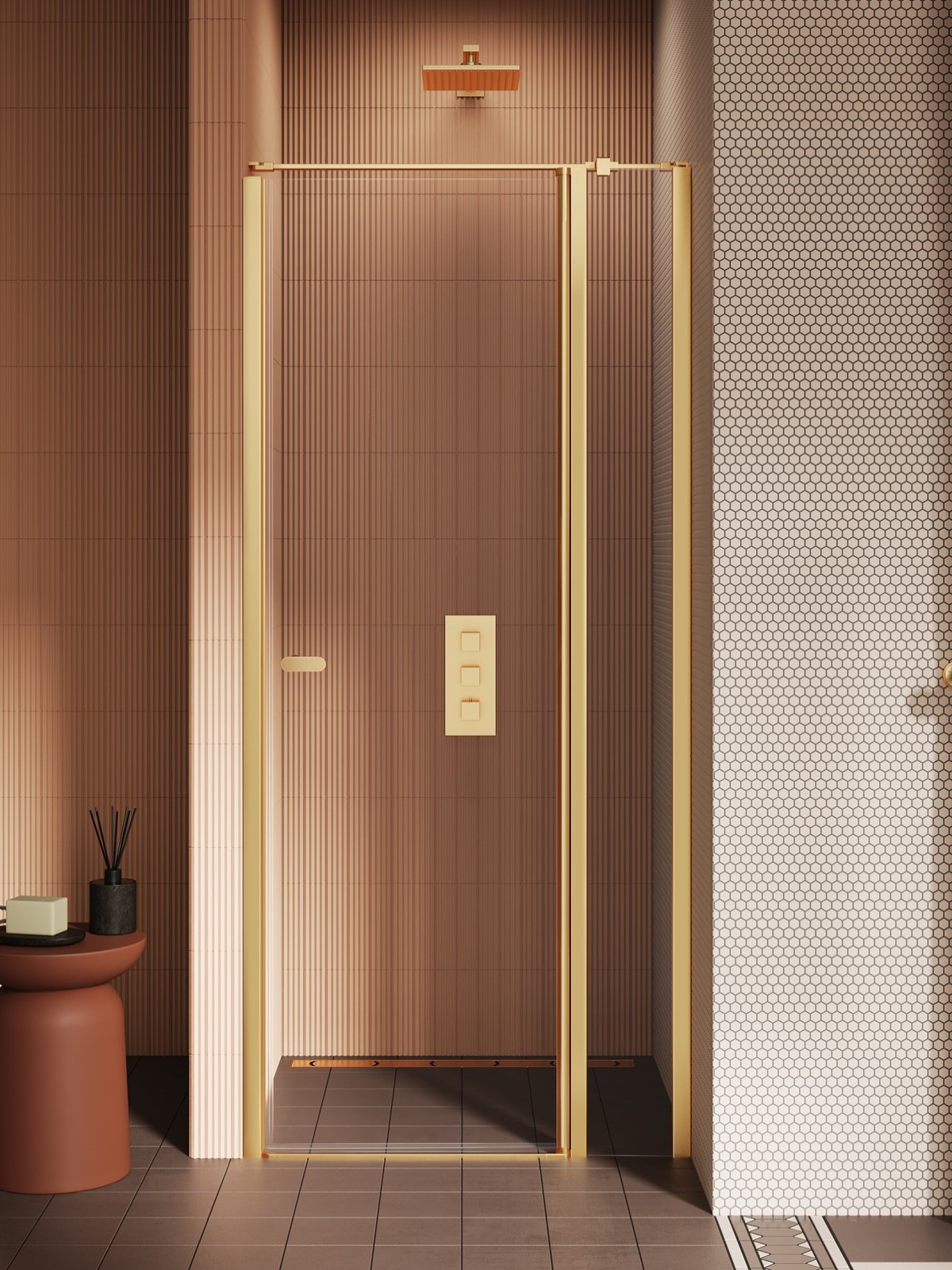 Darmowa Dostawa - Drzwi prysznicowe 90 cm uchylne złoty szczotkowany/szkło przezroczyste New Trendy New Soleo D0771AWK