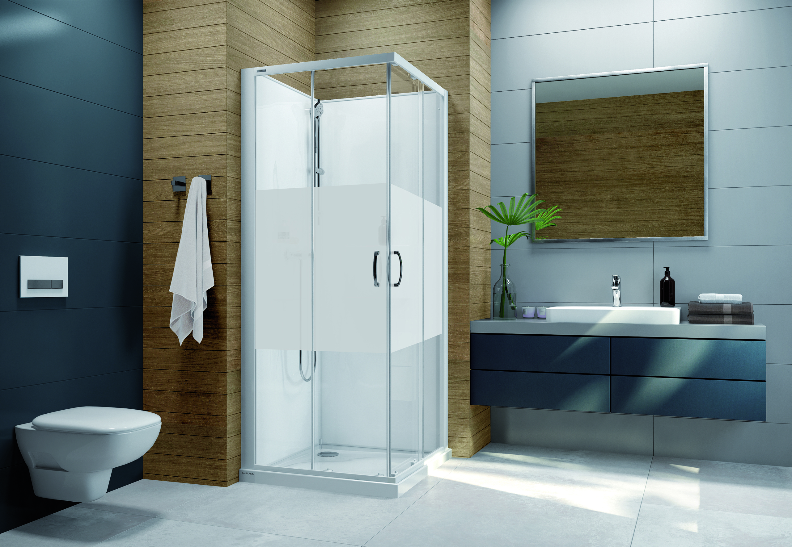 Darmowa Dostawa - Kabina z brodzikiem i zestawem prysznicowym 120x90 cm prostokątna biały połysk/szkło ze wzorem Sanplast Basic Complete Mineral 