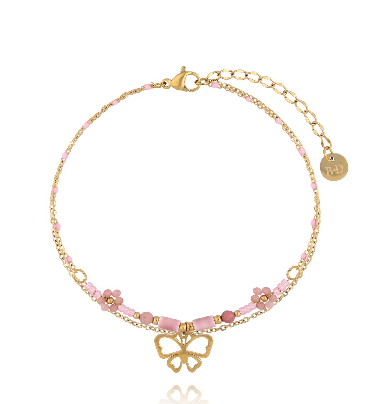 Bransoletka na nogę z różowymi koralikami i zawieszką motyla BNSY0070