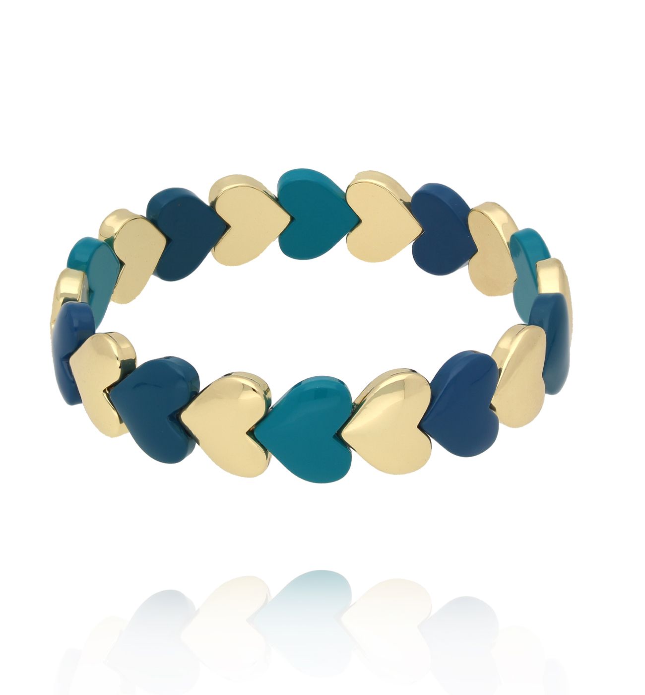 Bransoletka elastyczna z serduszkami w odcieniach turkusu, granatu i złota BCR0080 - By Dziubeka