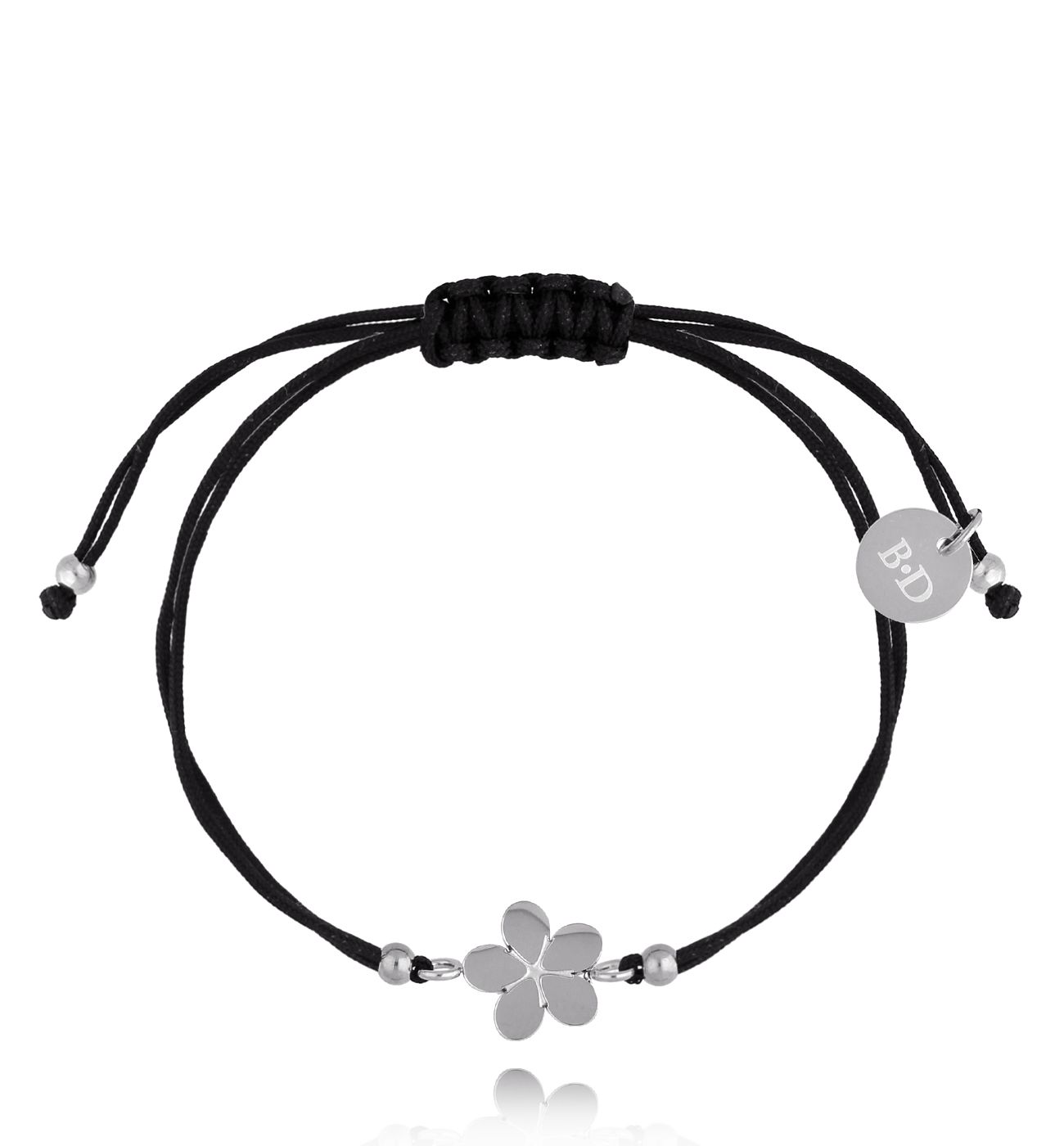 Bransoletka srebrna z czarnym sznurkiem i kwiatuszkiem Fuga BGL0686 - By Dziubeka