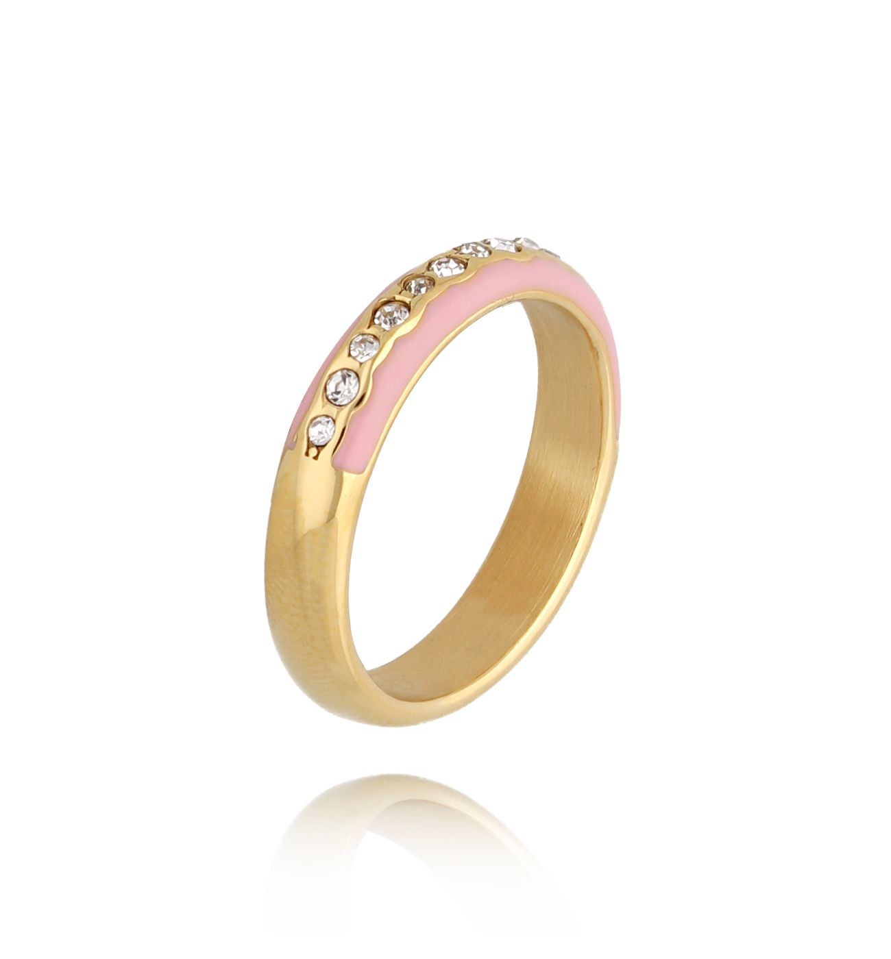 Pierścionek z cyrkoniami i różową emalią Mori PSA0651