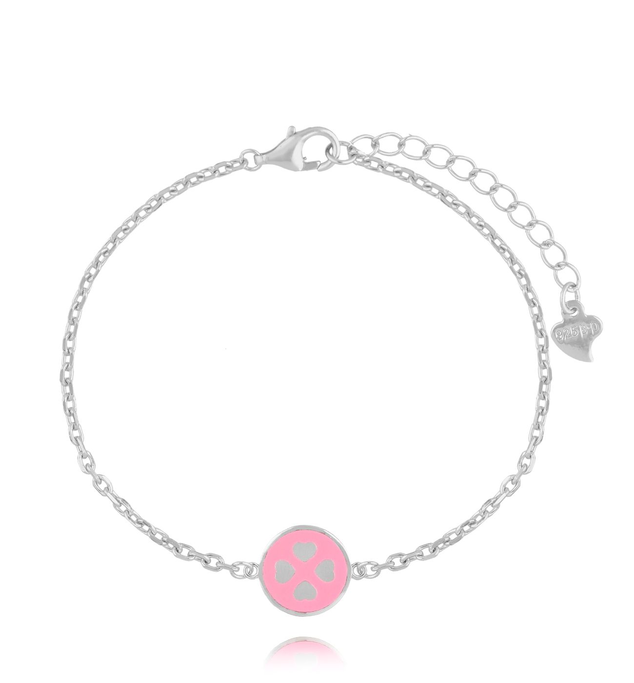 Bransoletka srebrna z koniczynką i różową emalią BCA0015
