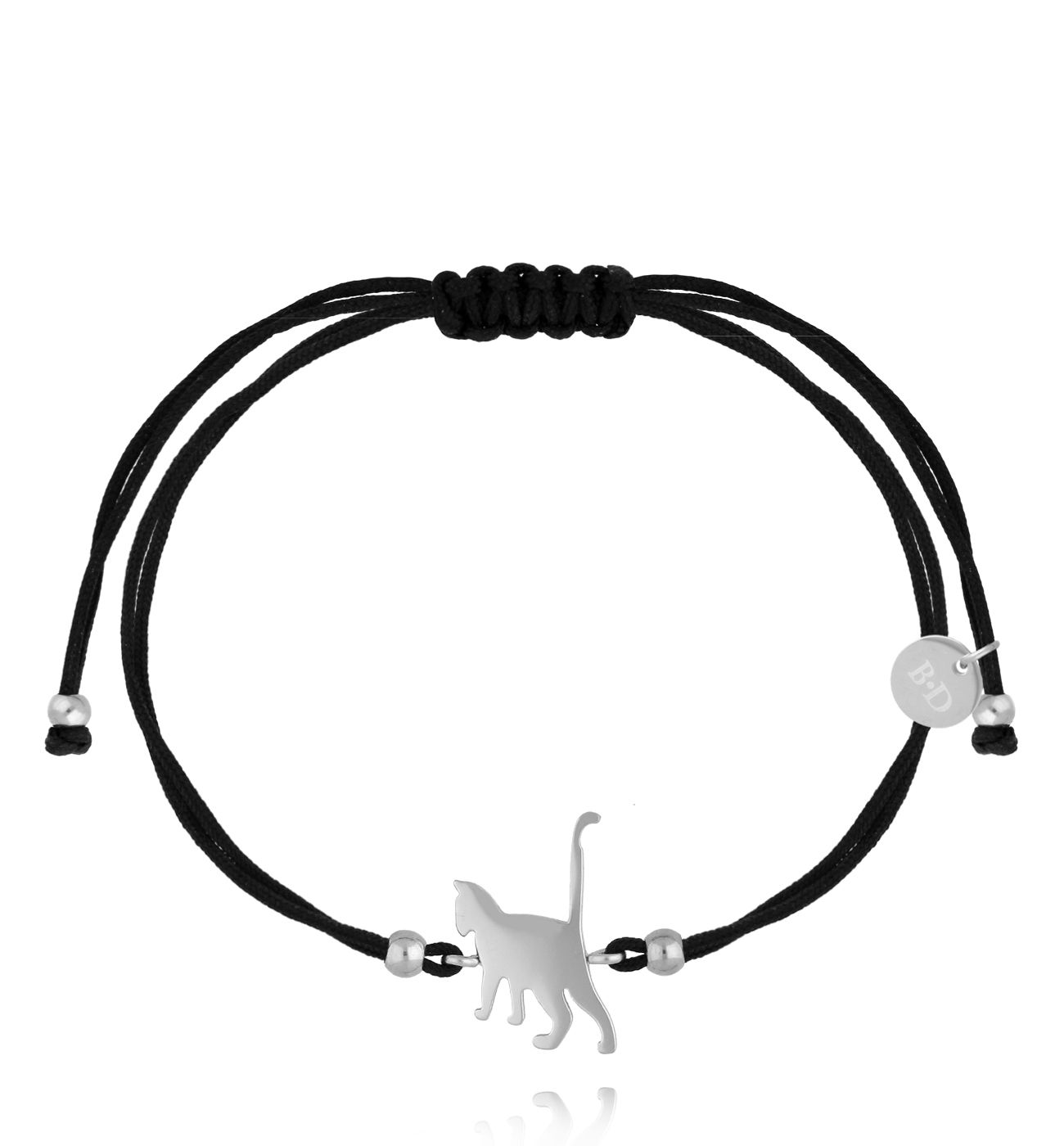 Bransoletka z czarnym sznurkiem i srebrnym kotkiem BGL1072