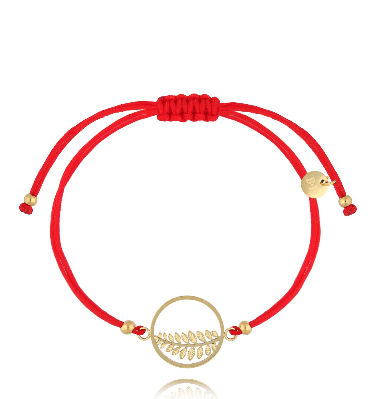 Bransoletka złota z czerwonym sznurkiemi i liściem paproci Botanique BGL0841 - By Dziubeka