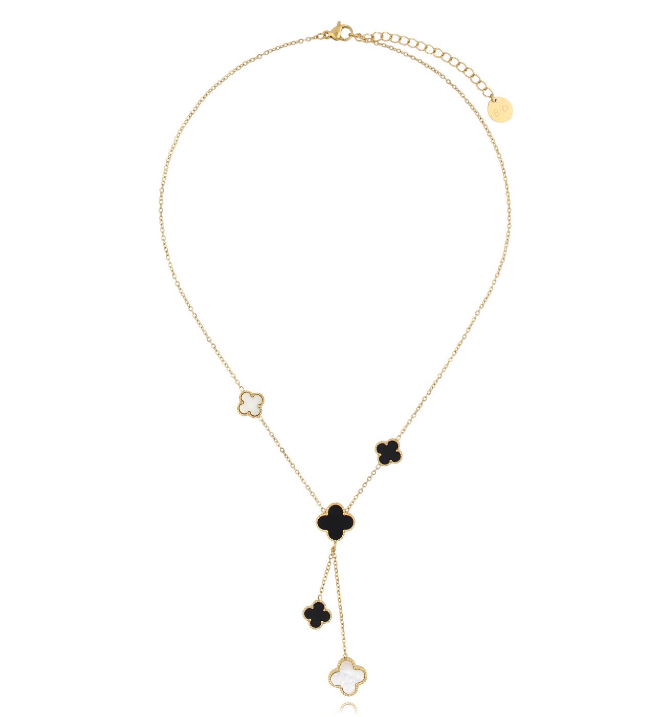 Naszyjnik złoty z czarnymi i perłowymi koniczynkami Clover NSY0170