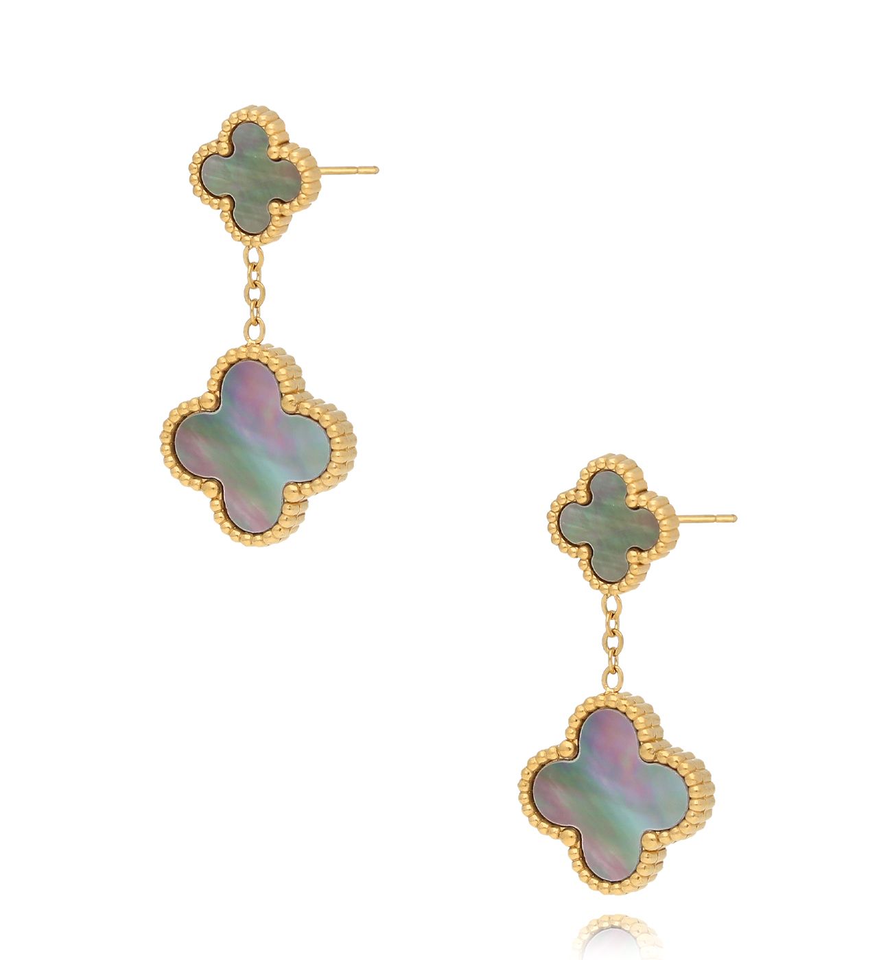 Kolczyki z koniczynkami z szarą masą perłową złote Luck in Leaves KSY0207