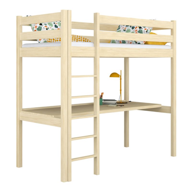 Drewniane łóżko N-WOOD na antresoli z biurkiem N05 sosna bezbarwna 90x190 1szt.