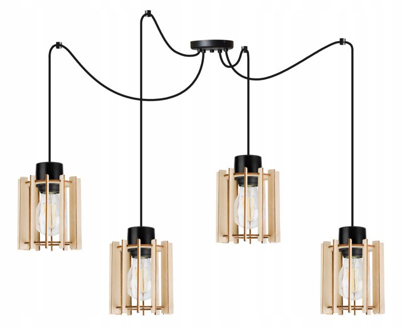 Lampa sufitowe wisząca Light Home LH Timber Spider 4x E27 60W klosz drewno tuba czarny 1szt.