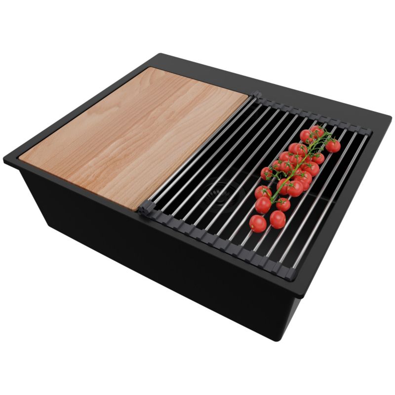 Zlewozmywak Oslo PRIMAGRAN Nablatowy 58x50cm do szafki od 60cm z Syfonem i Dodatkiem Cały Czarny 1 szt.