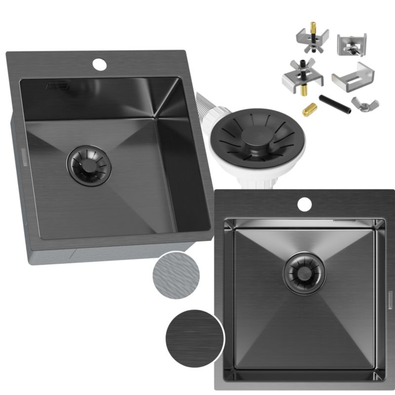 Zlewozmywak Stalowy Kuchenny Czarny 45x50 Granitan Silvo Jednokomorowy Syfon Lux 1 Kpt.