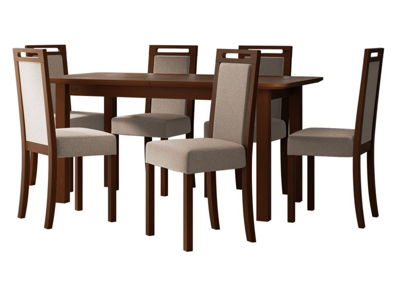 Zestaw DR10 MIRJAN 24 Stół rozkładany Wenus V S 90x160/200 + 6 krzeseł Roma 5 orzech + beżowa tapicerka 1 kpl.