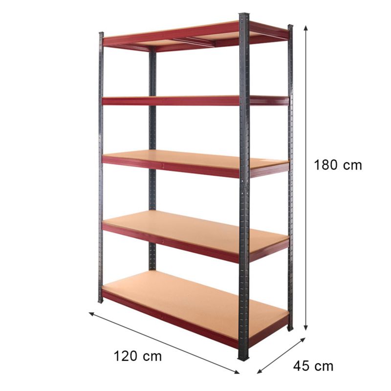 Regał Mega-M Basic Plus magazynowy metalowy warsztatowy 180x120x45 cm 5 półek MDF grafitowy/czerwony 1375kg 1szt.