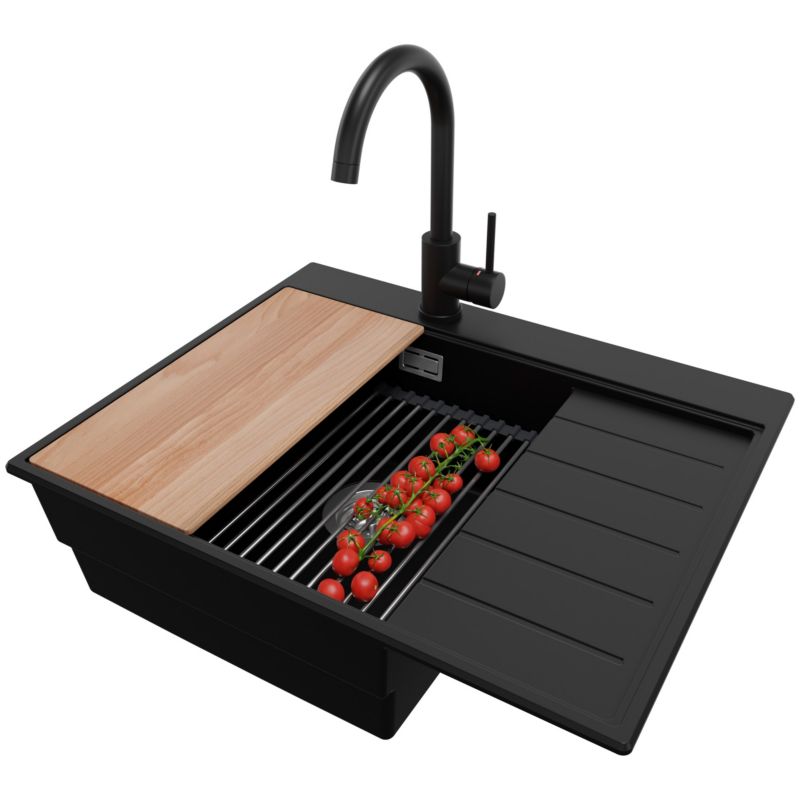 Zlewozmywak Granitowy Sydney PRIMAGRAN Nablatowy 62x50cm do szafki od 45cm, Czarny + Bateria + Syfon + Akcesoria, S176, 1 szt.