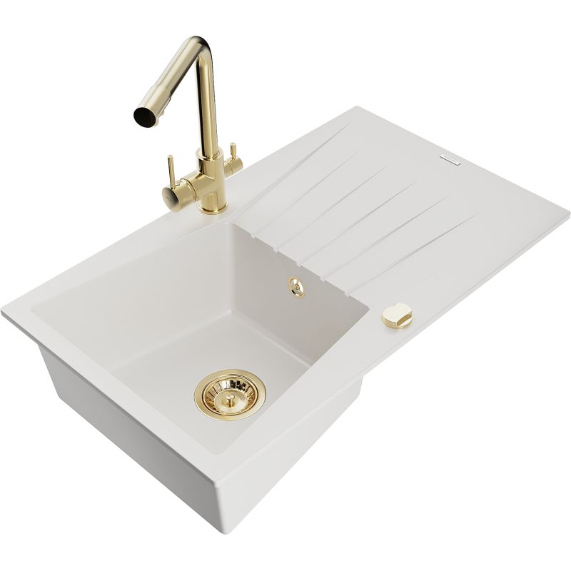 Zlewozmywak granitowy 1-komorowy Mexen Cesar z ociekaczem i baterią kuchenną Duero biały 6514-20-671600-50