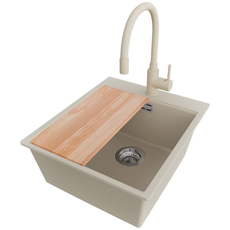 Zlewozmywak Granitowy Oslo PRIMAGRAN Nablatowy 43x50cm do szafki od 45cm, Beżowy + Bateria 38x14cm + Syfon + Deska, S215, 1 szt.