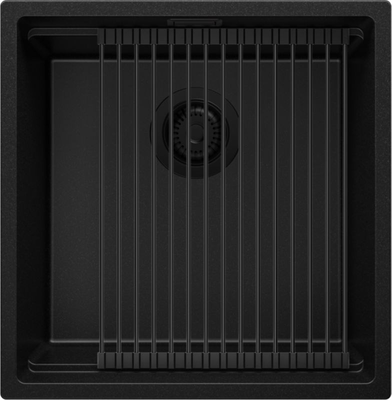 Zlewozmywak Praga Slim PRIMAGRAN Nablatowy 46x47cm do szafki od 50cm, Cały Czarny + Syfon + Zwijany ociekacz, S207, 1 szt.