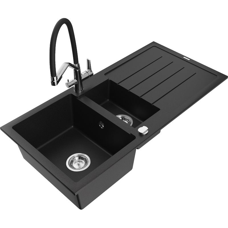 Zlewozmywak granitowy 1.5-komorowy Mexen Andres z ociekaczem i baterią kuchenną Duo czarny - 6515-77-671701-07-B 1 szt.