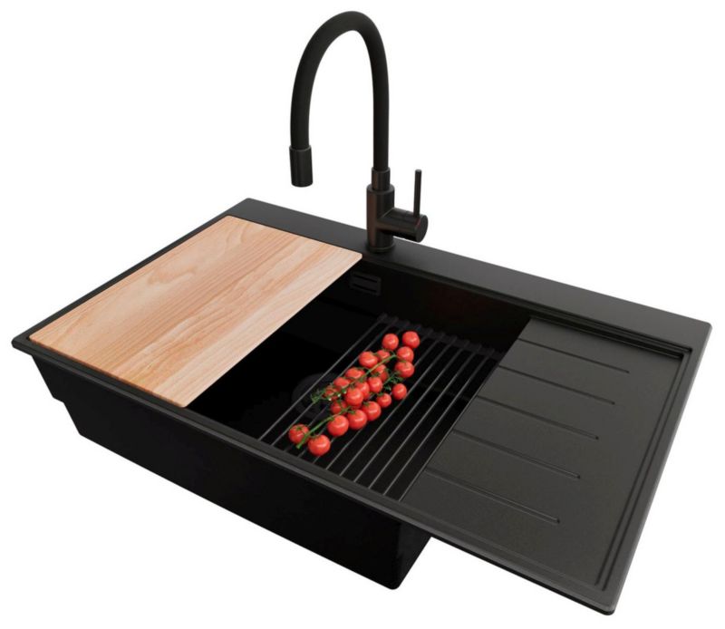 Zlewozmywak Granitowy Sydney PRIMAGRAN Nablatowy 78x50cm do szafki od 60cm, Cały Czarny + Bateria + Syfon + Akcesoria, , 1 szt.