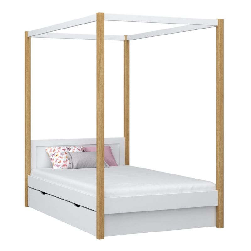 Drewniane łóżko N-WOOD pojedyncze z baldachimem i szufladą N02 biało dębowy 80x190 1szt.