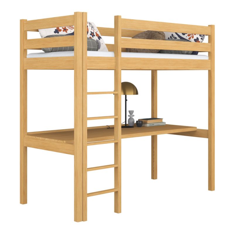 Drewniane łóżko N-WOOD na antresoli z biurkiem N05 sosna naturalna 120x200 1szt.