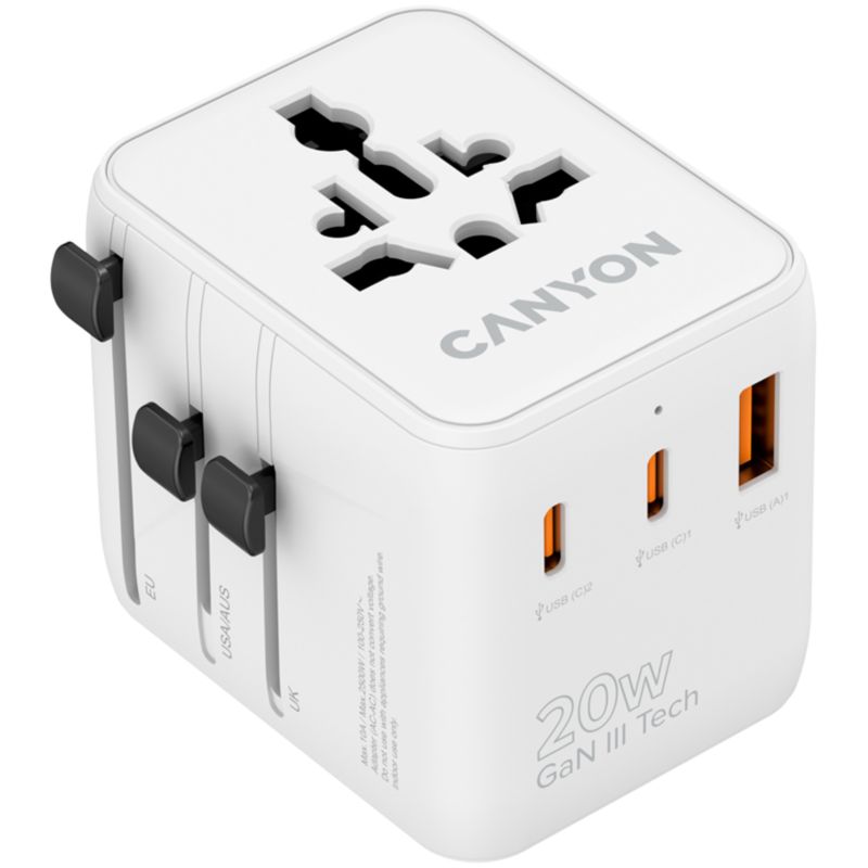 Adapter podróżny Canyon OnTour 20W EU UK US AUS biały, 1 szt.