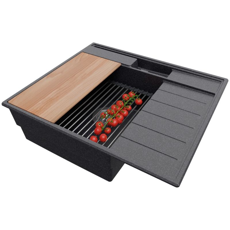 Zlewozmywak Sydney Pocket PRIMAGRAN Nablatowy 62x53cm do szafki od 45cm, Grafitowy + Syfon + Akcesoria, S076, 1 szt.