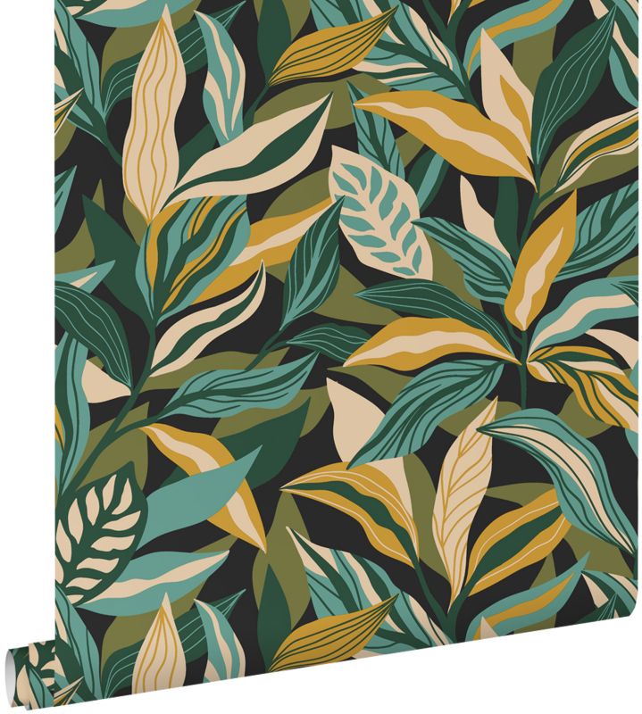 Tapeta ESTAhome tropikalne liście ciemnej zieleniIochry żółtej 50 x 900 cm - 1 rol.