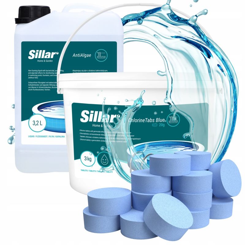 Chemia basenowa, Sillar, chlor do basenu, jacuzzi, tabletki 20g + Antyglon, środek na glony, 3.2L, zestaw, 2szt