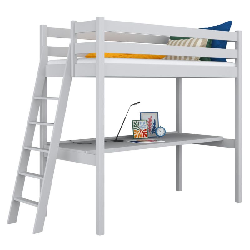 Drewniane łóżko N-WOOD na antresoli z biurkiem N02 popielaty 120x190 1szt.