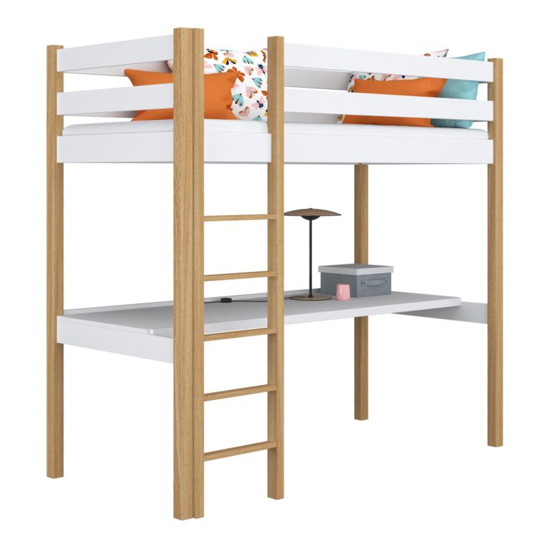 Drewniane łóżko N-WOOD na antresoli z biurkiem N05 biało dębowy 80x200 1szt.