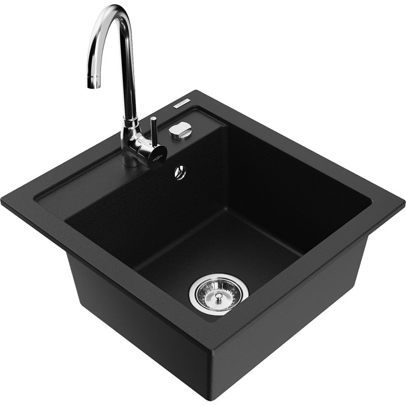 Zlewozmywak granitowy 1-komorowy Mexen Vito z baterią kuchenną Telma czarny 6503-77-670200-00