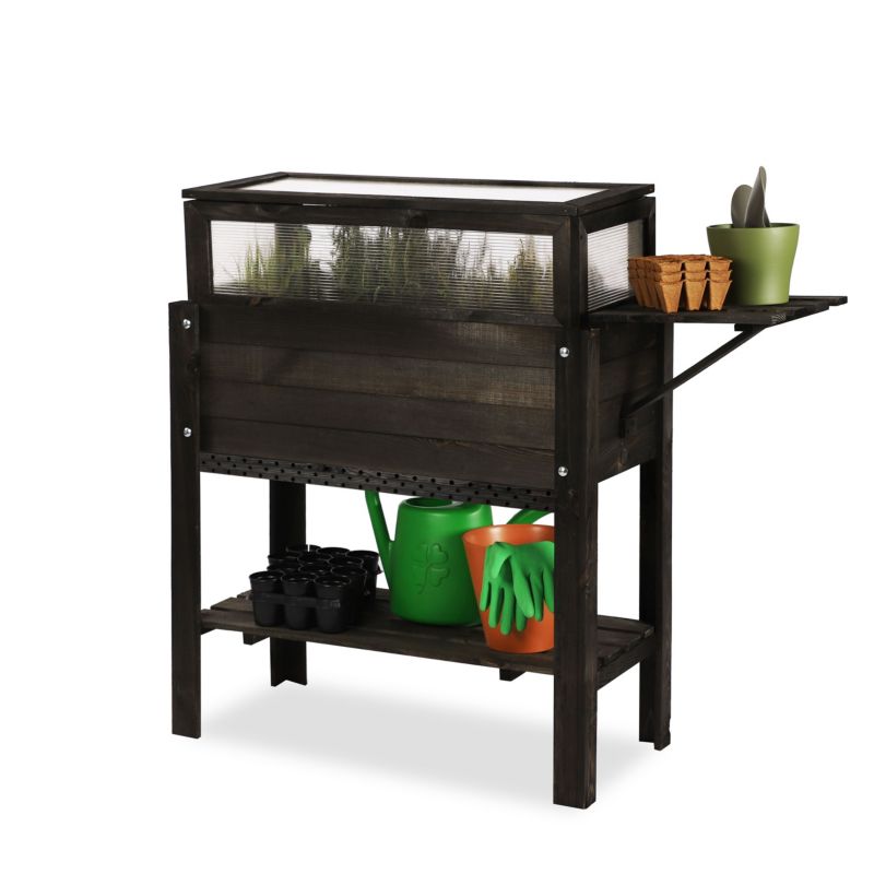 Donica na nogach MODO24 drewniana 80 x 37 cm z domkiem dla owadów i półką boczną czarny 1 szt.