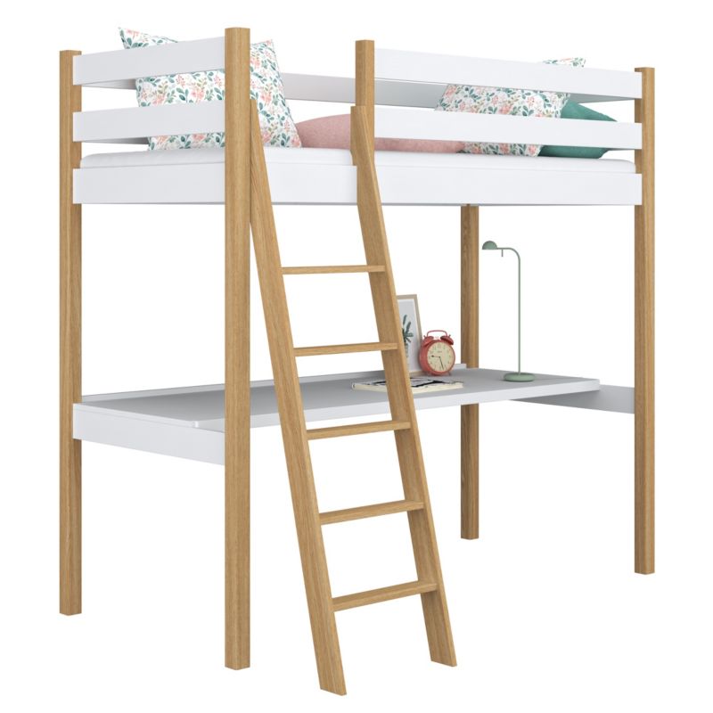 Drewniane łóżko N-WOOD na antresoli z biurkiem N03 biało dębowy 120x180 1szt.