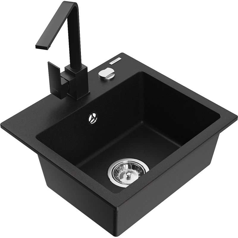 Zlewozmywak granitowy 1-komorowy Mexen Milo z baterią kuchenną Rita czarny - 6505-77-670300-00 1 szt.
