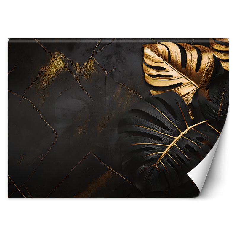 Fototapeta Feeby Liście Monstery Złote I Czarne Na Abstrakcyjnym Tle 100x70 1 szt