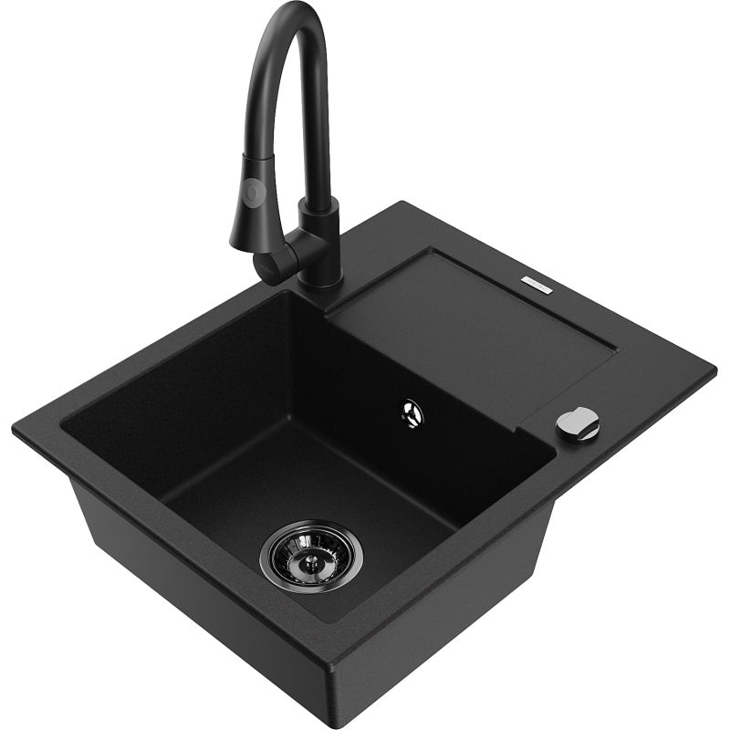 Zlewozmywak granitowy 1-komorowy Mexen Enzo z ociekaczem i baterią kuchenną Elia czarny - 6506-77-670101-00 1 szt.