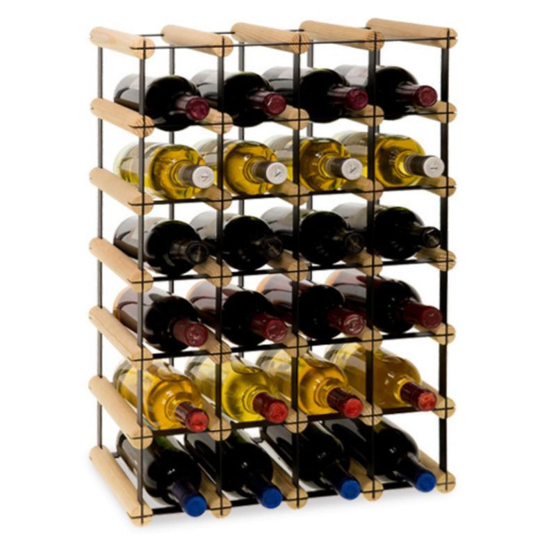 Loftowy stojak na wino MODO24 na butelki PET ekologiczny trwały na 24 butelki czarny metal drewno naturalne 1 szt.