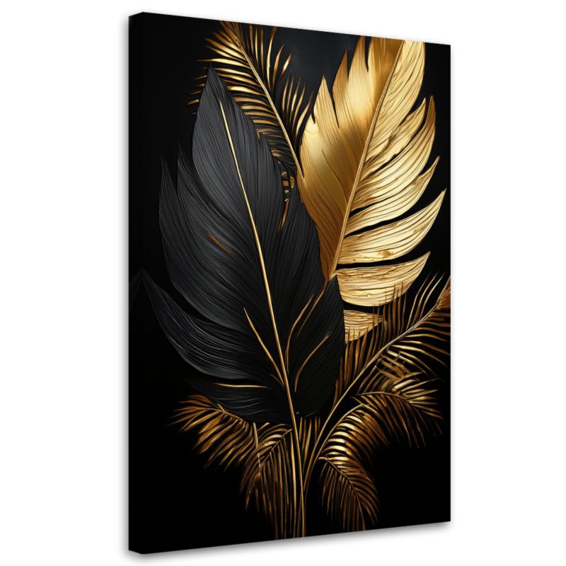 Obraz do salonu Feeby Liście Palmy Czarno Złote 60x90cm 1szt