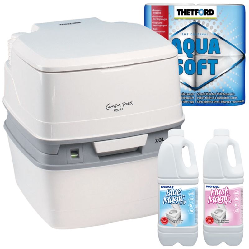 Toaleta turystyczna XGL 21L ze wskaźnikiem wypełnienia Thetford + Blue Magic Trip, Flush Magic Trip i papier toaletowy 1szt.