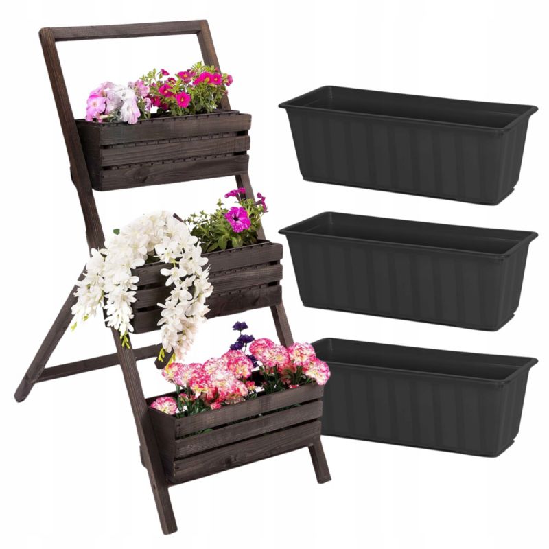 Kwietnik Stojący Drewniany Kaskadowy Czarny Wielopoziomowy Stojak Na Kwiaty 1 szt.